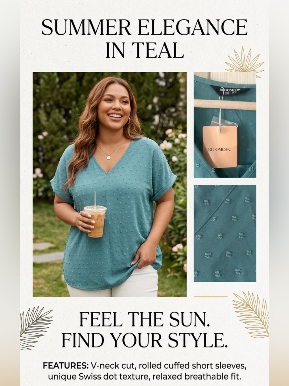 BloomChic Teal Textured V-Neck Top